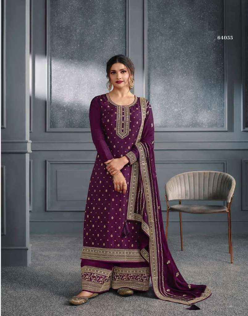 DESIGNER FANCY WEDDING PARTY WEAR DOLA SILK WINE PALLAZO SHARARA SALWAR SUIT RH SOHA 64055