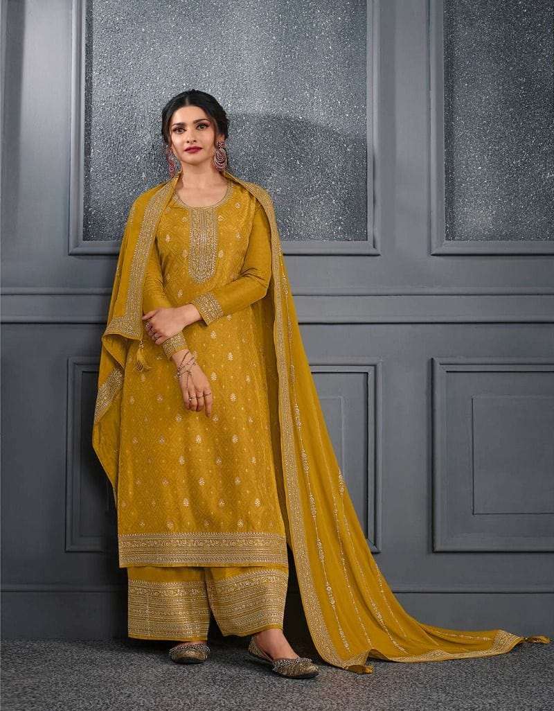 DESIGNER FANCY WEDDING PARTY WEAR DOLA SILK YELLOW PALLAZO SHARARA SALWAR SUIT RH SOHA 64053