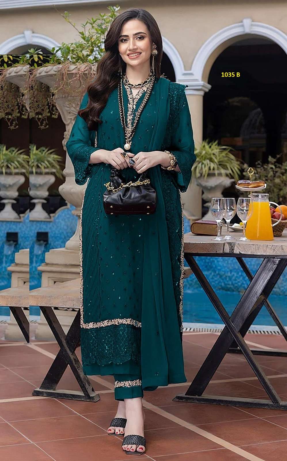 DESIGNER FANCY WEDDING PARTY WEAR GEORGETTE STARIGHT BLUE GREEN PAKISTANI SALWAR SUIT CPR 1035 B