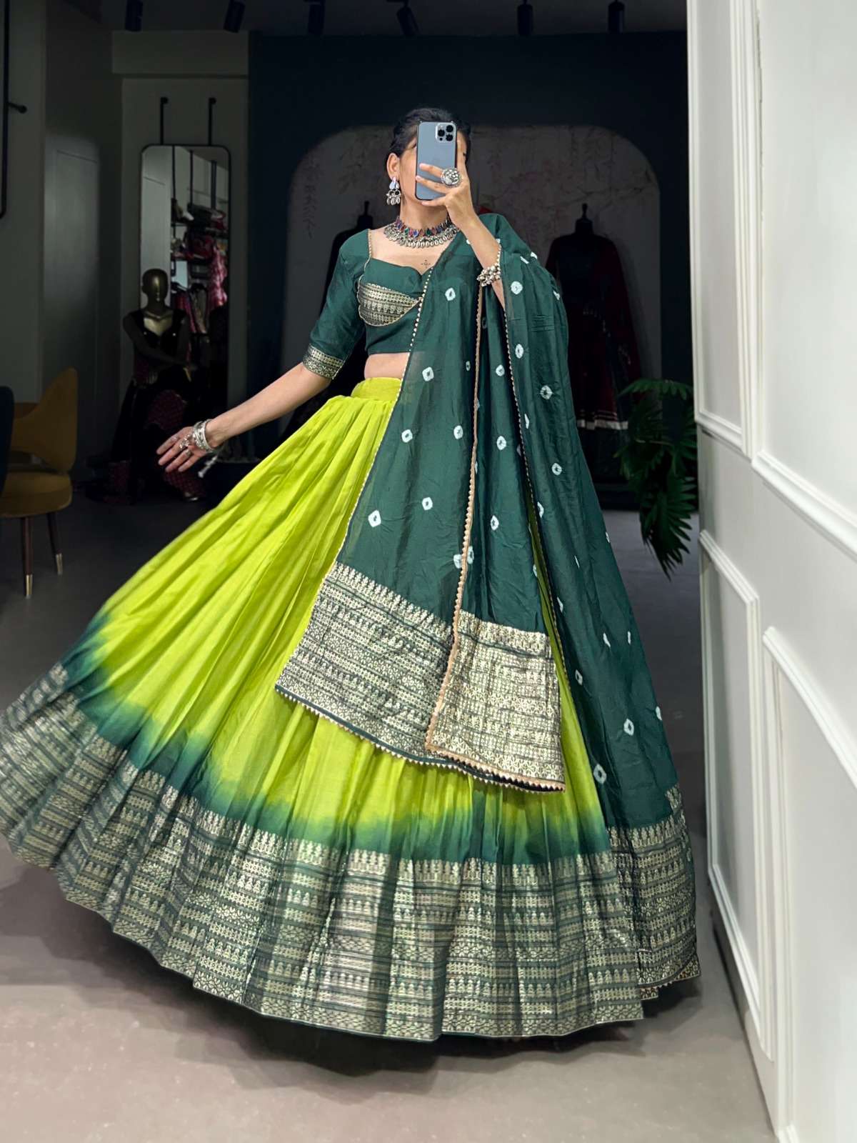 DESIGNER FANCY WEDDING PARTY WEAR GREEN CHANDERI SILK LEHENGA CHOLI WITH DUPATTA FOR NAVRATRI PC 1907