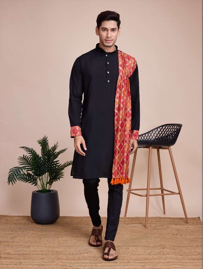 DESIGNER FANCY WEDDING PARTY WEAR HEAVY BLACK SILK READY TO WEAR MENS INDIAN KURTA KF VASTRA 6001