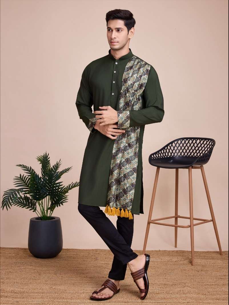 DESIGNER FANCY WEDDING PARTY WEAR HEAVY GREEN SILK READY TO WEAR MENS INDIAN KURTA KF VASTRA 6003