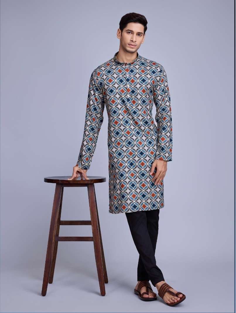 DESIGNER FANCY WEDDING PARTY WEAR HEAVY RAYON COTTON READY TO WEAR MENS BLUE INDIAN KURTA KF VASTRA 6011