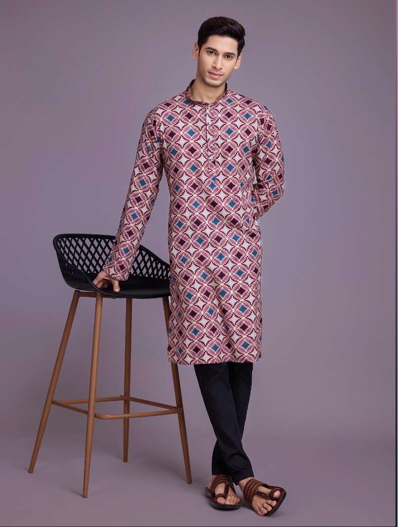 DESIGNER FANCY WEDDING PARTY WEAR HEAVY RAYON COTTON READY TO WEAR MENS INDIAN PINK KURTA KF VASTRA 6012