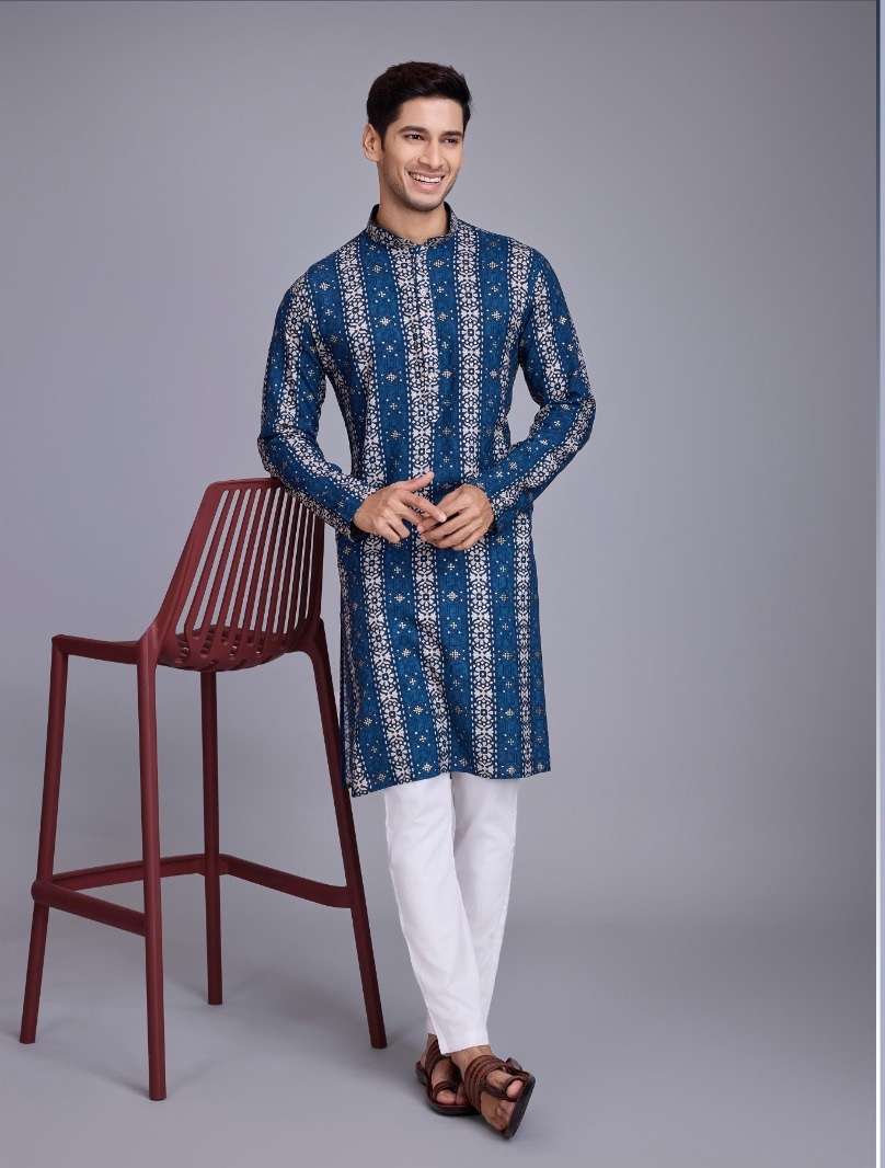 DESIGNER FANCY WEDDING PARTY WEAR HEAVY RAYON COTTON READY TO WEAR MENS BLUE INDIAN KURTA KF VASTRA 6014