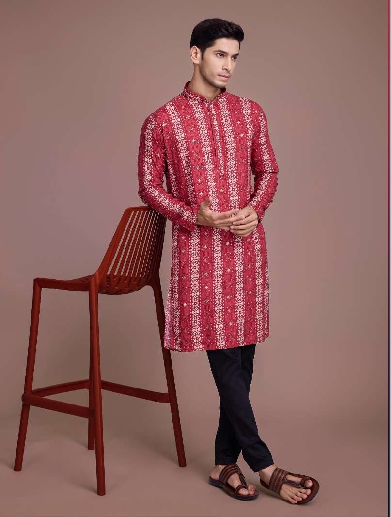 DESIGNER FANCY WEDDING PARTY WEAR HEAVY RAYON COTTON READY TO WEAR MAROON MENS INDIAN KURTA KF VASTRA 6015