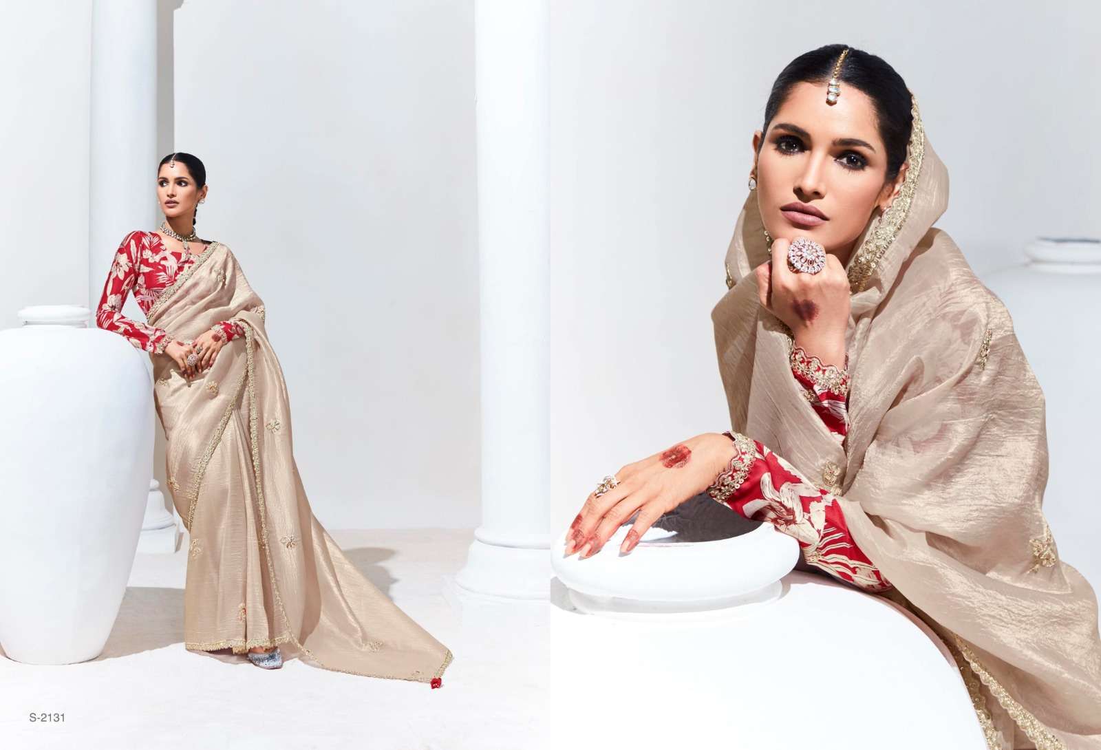 DESIGNER FANCY WEDDING PARTY WEAR INDIAN BEIGE ORGANZA SAREE COLLECTION SM KM RANGHAT 2131