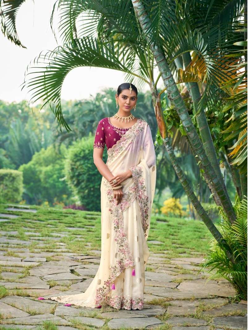 DESIGNER FANCY WEDDING PARTY WEAR INDIAN BEIGE ORGANZA SILK SAREE COLLECTION SM TATHASTU 6701