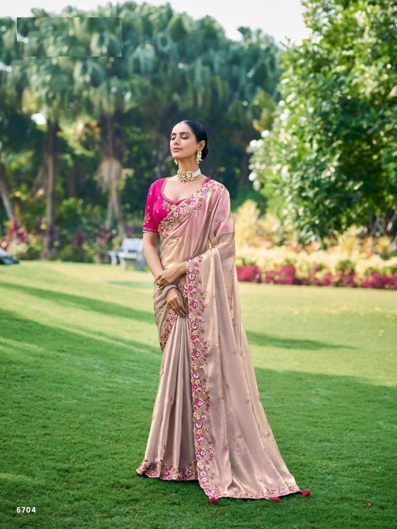 DESIGNER FANCY WEDDING PARTY WEAR INDIAN BEIGE ORGANZA SILK SAREE COLLECTION SM TATHASTU 6704