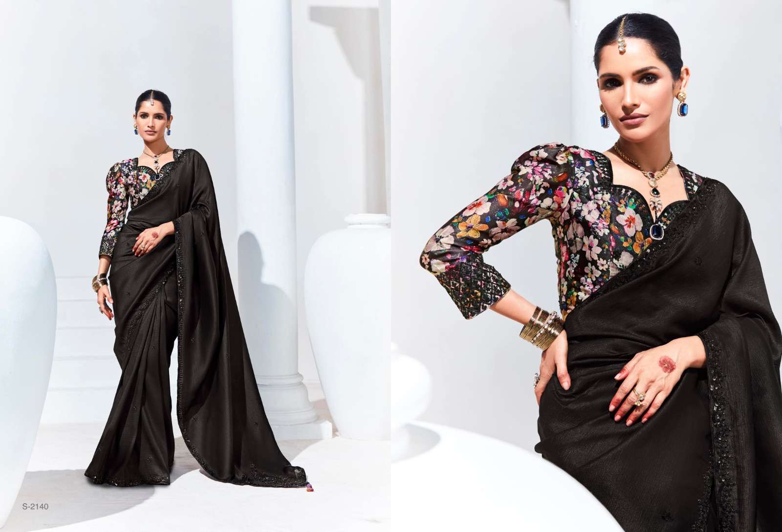 DESIGNER FANCY WEDDING PARTY WEAR INDIAN BLACK ORGANZA SAREE COLLECTION SM KM RANGHAT 2140