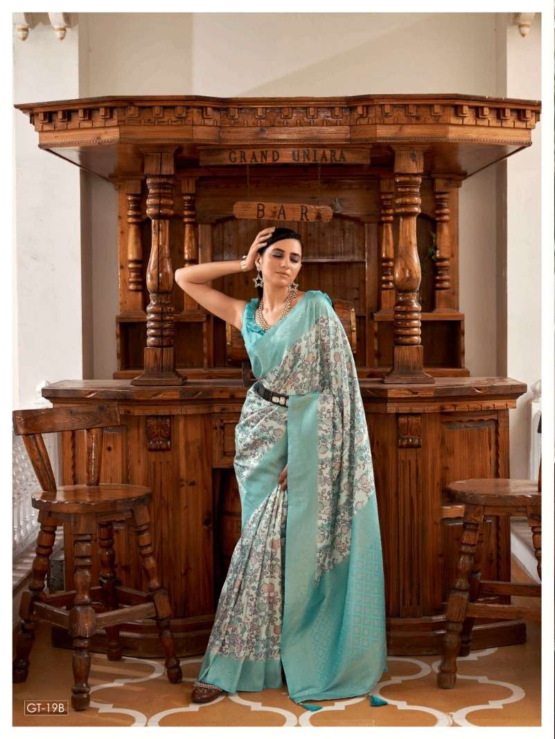 DESIGNER FANCY WEDDING PARTY WEAR INDIAN BLUE NAYLON SILK SAREE SM GT SACHITA 19 B