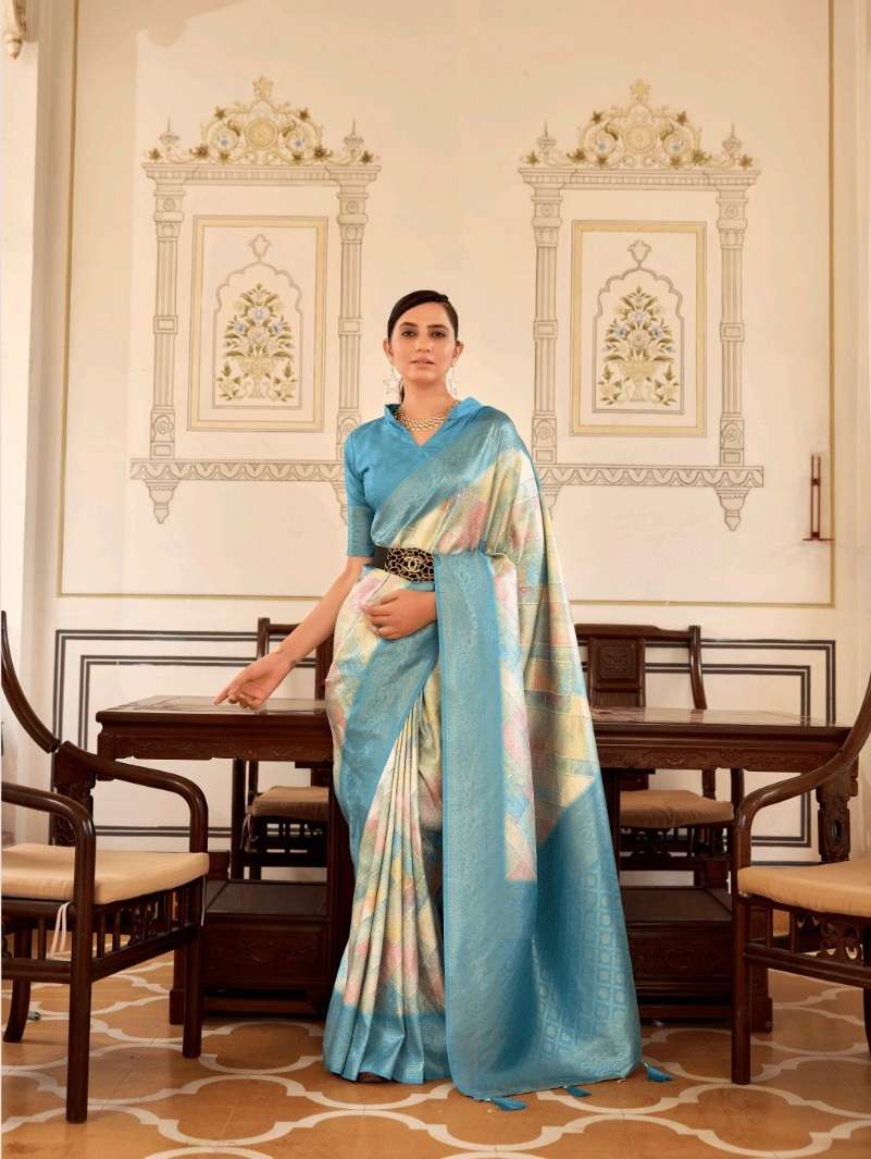 DESIGNER FANCY WEDDING PARTY WEAR INDIAN BLUE NAYLON SILK SAREE SM GT SACHITA 20 B