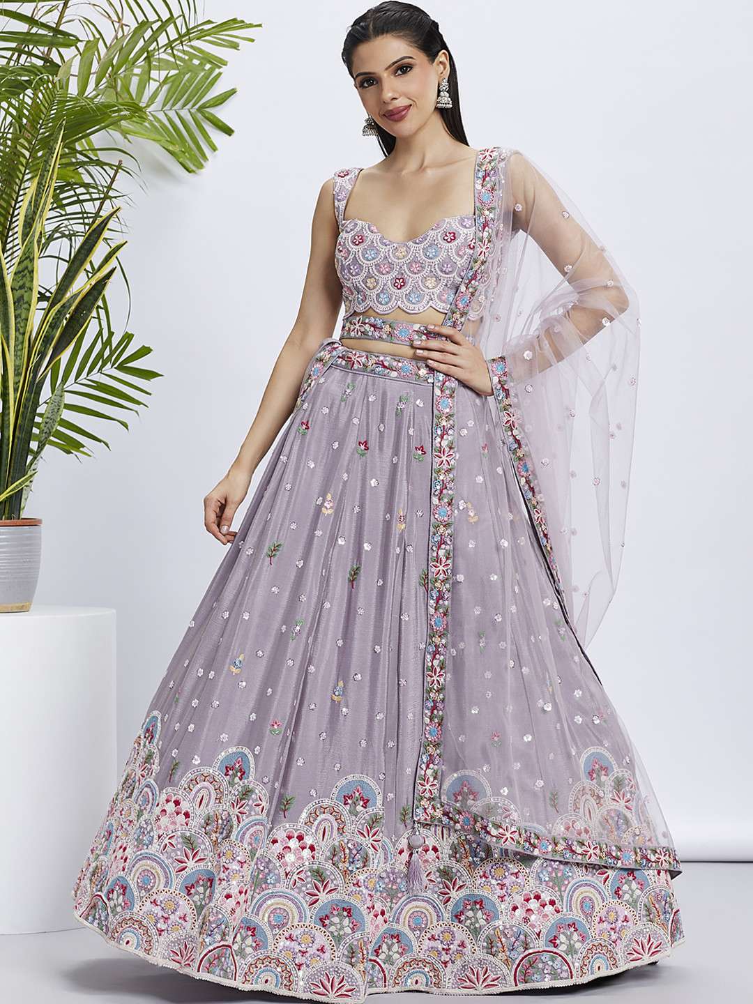 DESIGNER FANCY WEDDING PARTY WEAR INDIAN CHIFFON LAVENDER LEHENGA CHOLI SM PAL 6001 A