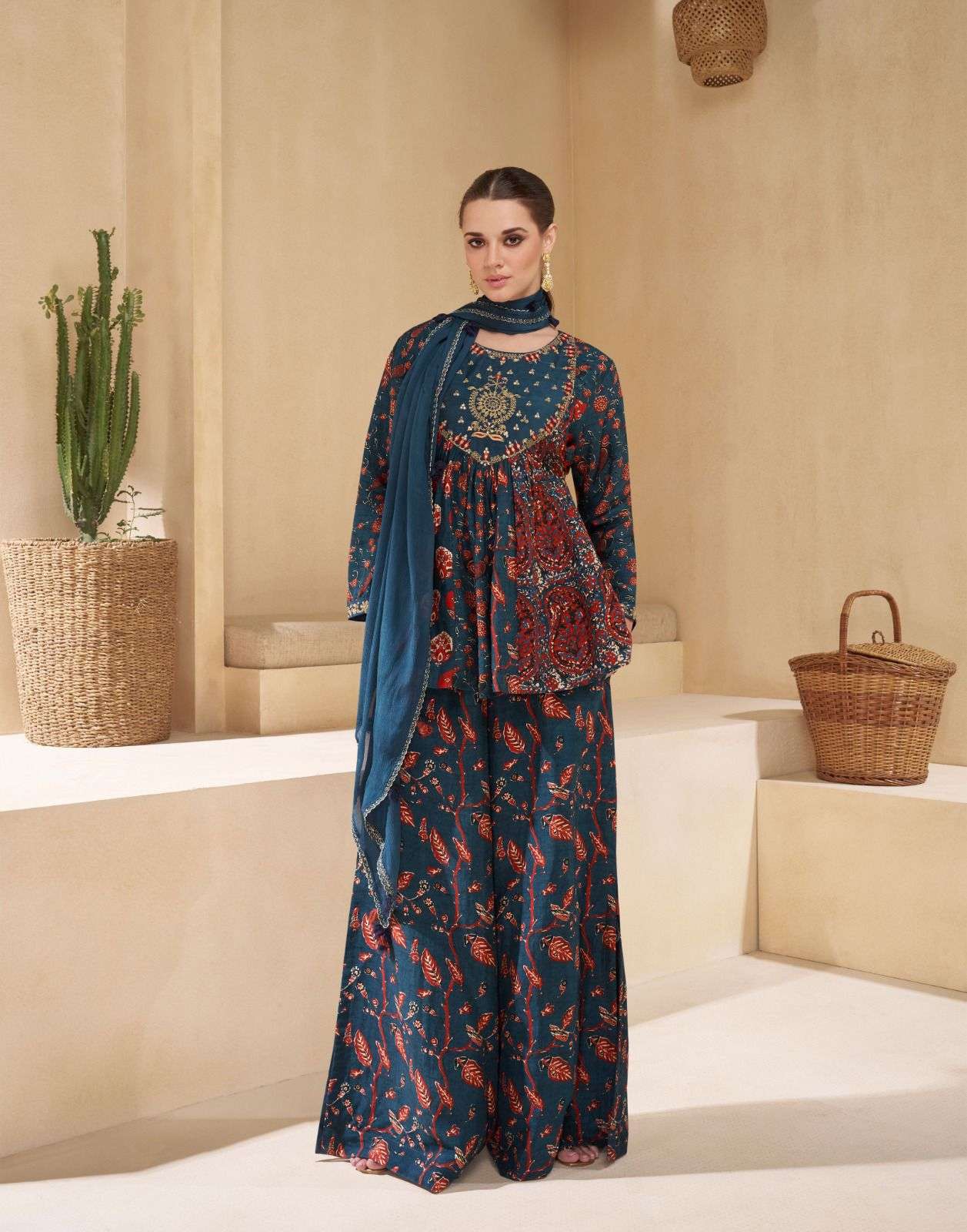 DESIGNER FANCY WEDDING PARTY WEAR INDIAN CHINON SILK READYMADE DARK GREEN BLUE SHARARA PALAZZO SALWAR SUIT SY CHAKORI 5534