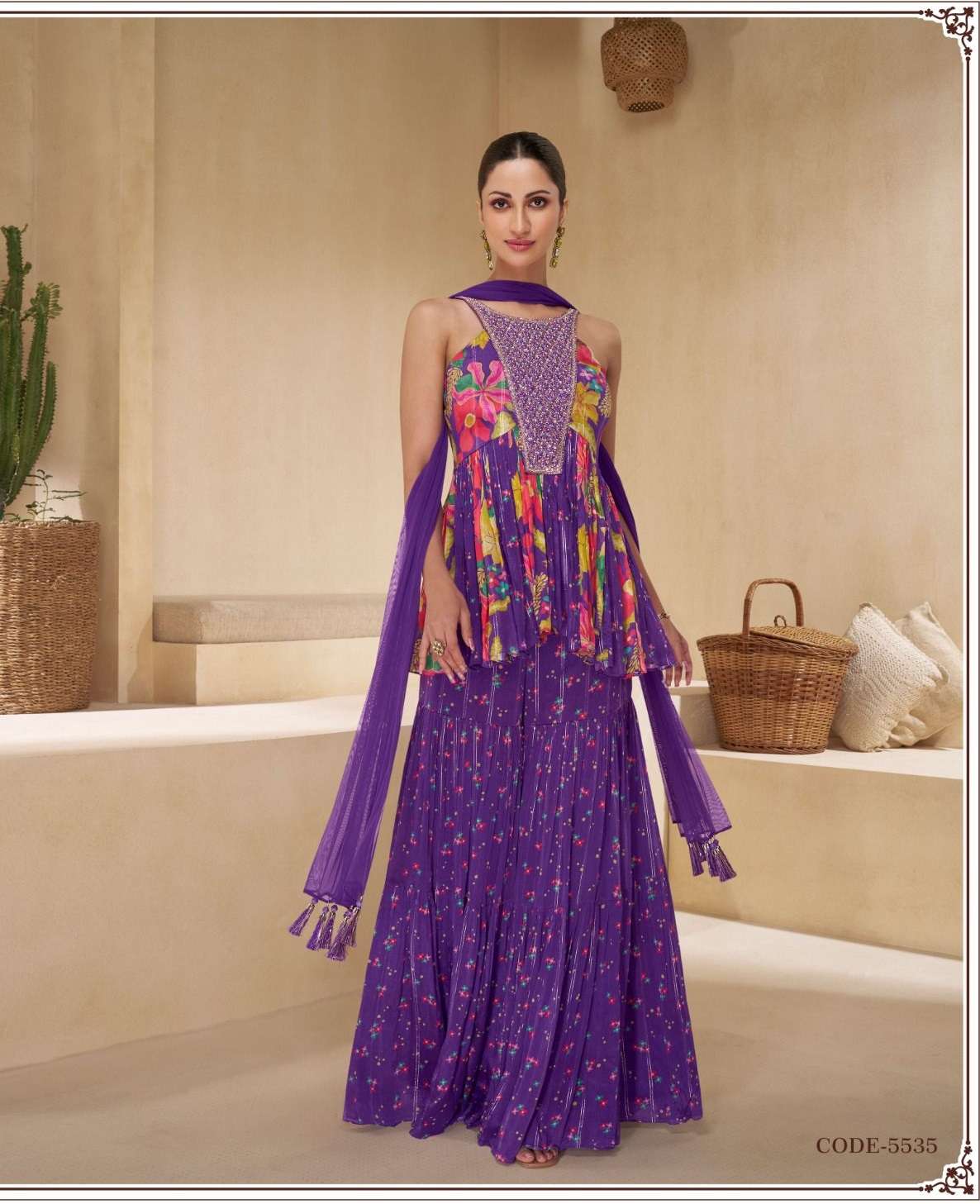 DESIGNER FANCY WEDDING PARTY WEAR INDIAN CHINON SILK READYMADE PURPLE SHARARA PALAZZO SALWAR SUIT SY CHAKORI 5535