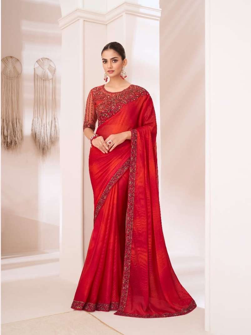 DESIGNER FANCY WEDDING PARTY WEAR INDIAN GEORGETTE RED SAREE COLLECTION SM TFH 1301