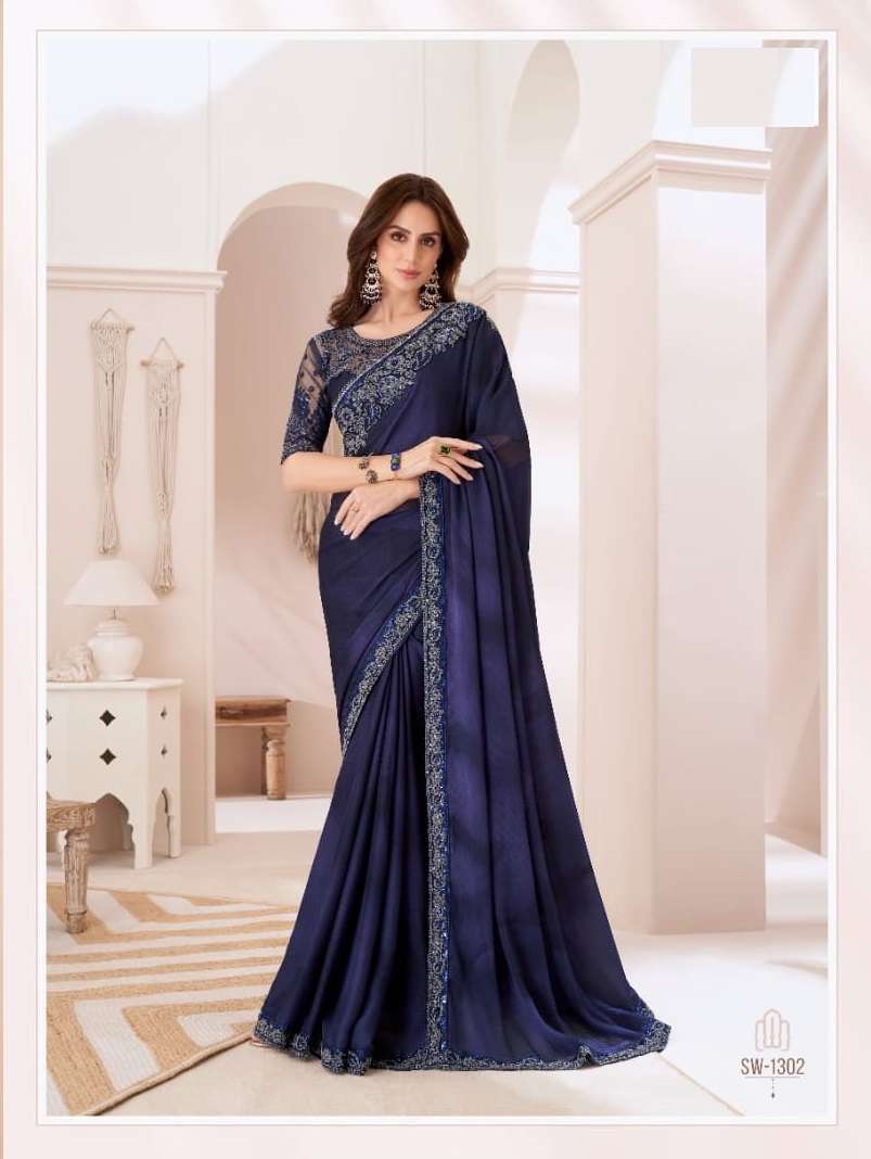 DESIGNER FANCY WEDDING PARTY WEAR INDIAN GEORGETTE BLUE SAREE COLLECTION SM TFH 1302