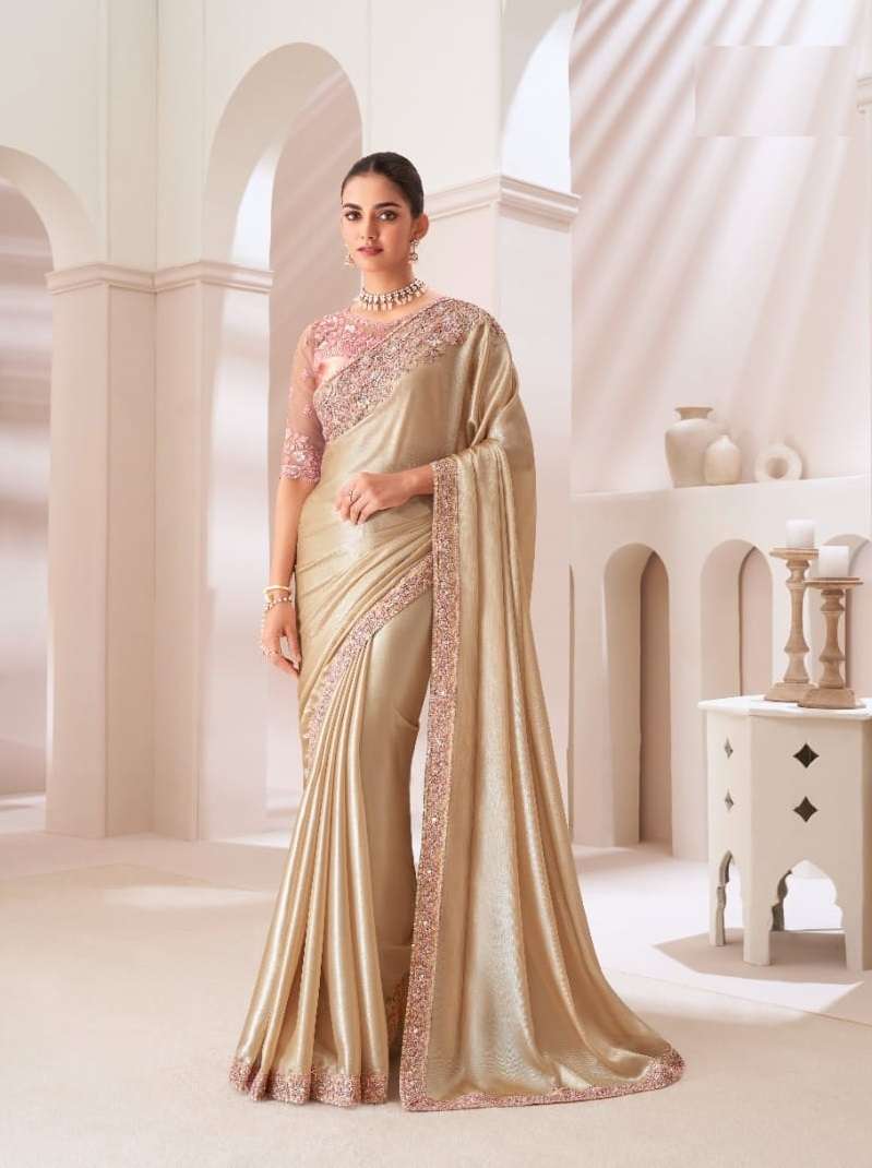 DESIGNER FANCY WEDDING PARTY WEAR INDIAN GEORGETTE BEIGE SAREE COLLECTION SM TFH 1303