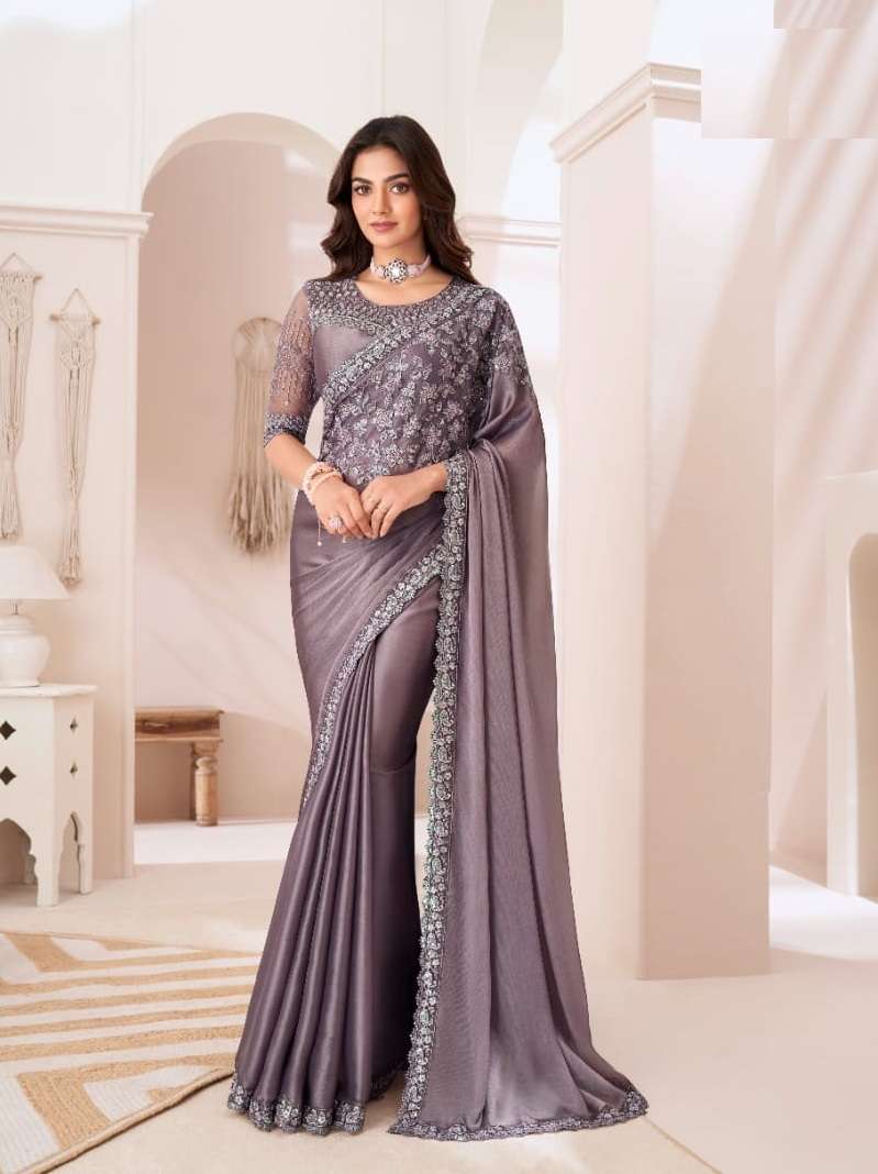 DESIGNER FANCY WEDDING PARTY WEAR INDIAN GEORGETTE LAVENDER SAREE COLLECTION SM TFH 1307