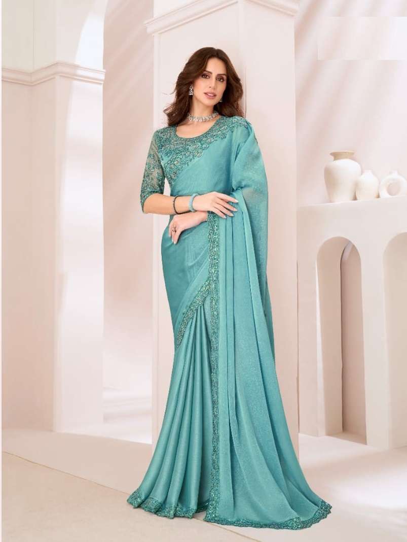 DESIGNER FANCY WEDDING PARTY WEAR INDIAN GEORGETTE SKY BLUE SAREE COLLECTION SM TFH 1308