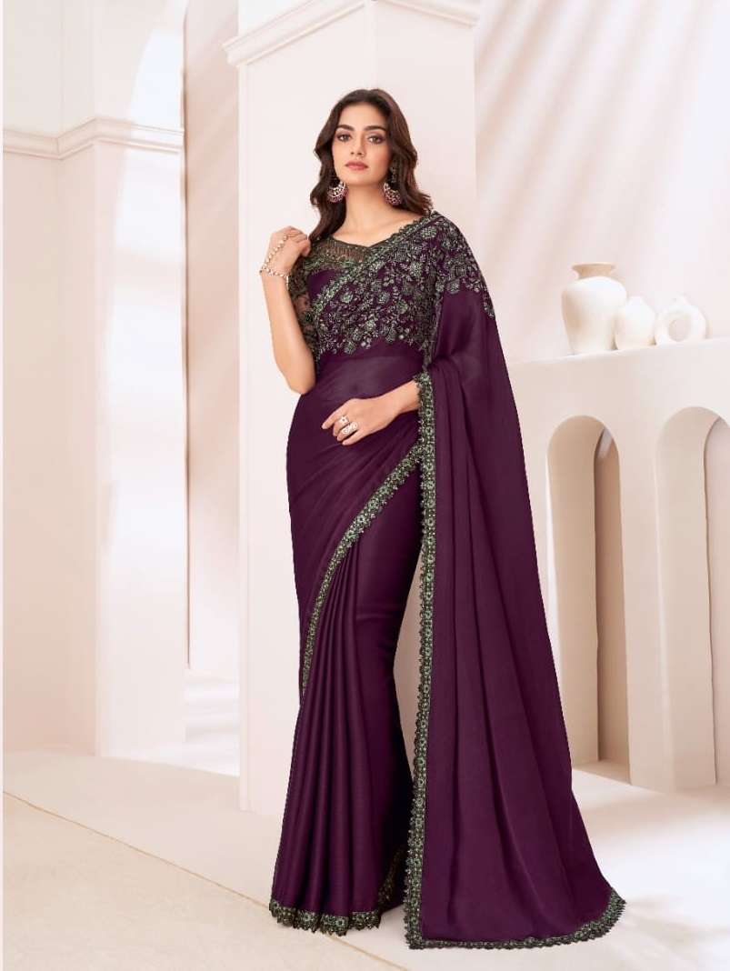 DESIGNER FANCY WEDDING PARTY WEAR INDIAN GEORGETTE WINE SAREE COLLECTION SM TFH 1309