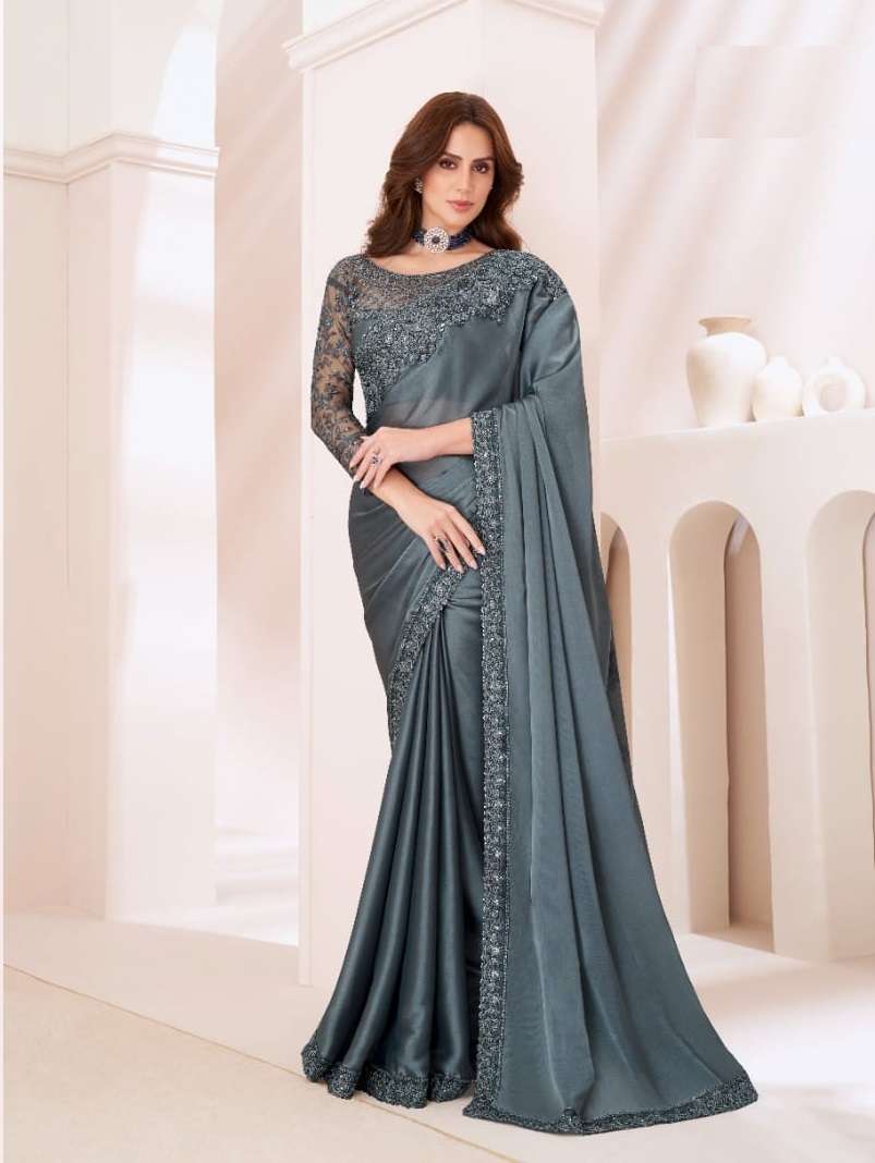 DESIGNER FANCY WEDDING PARTY WEAR INDIAN GEORGETTE GREY SAREE COLLECTION SM TFH 1310