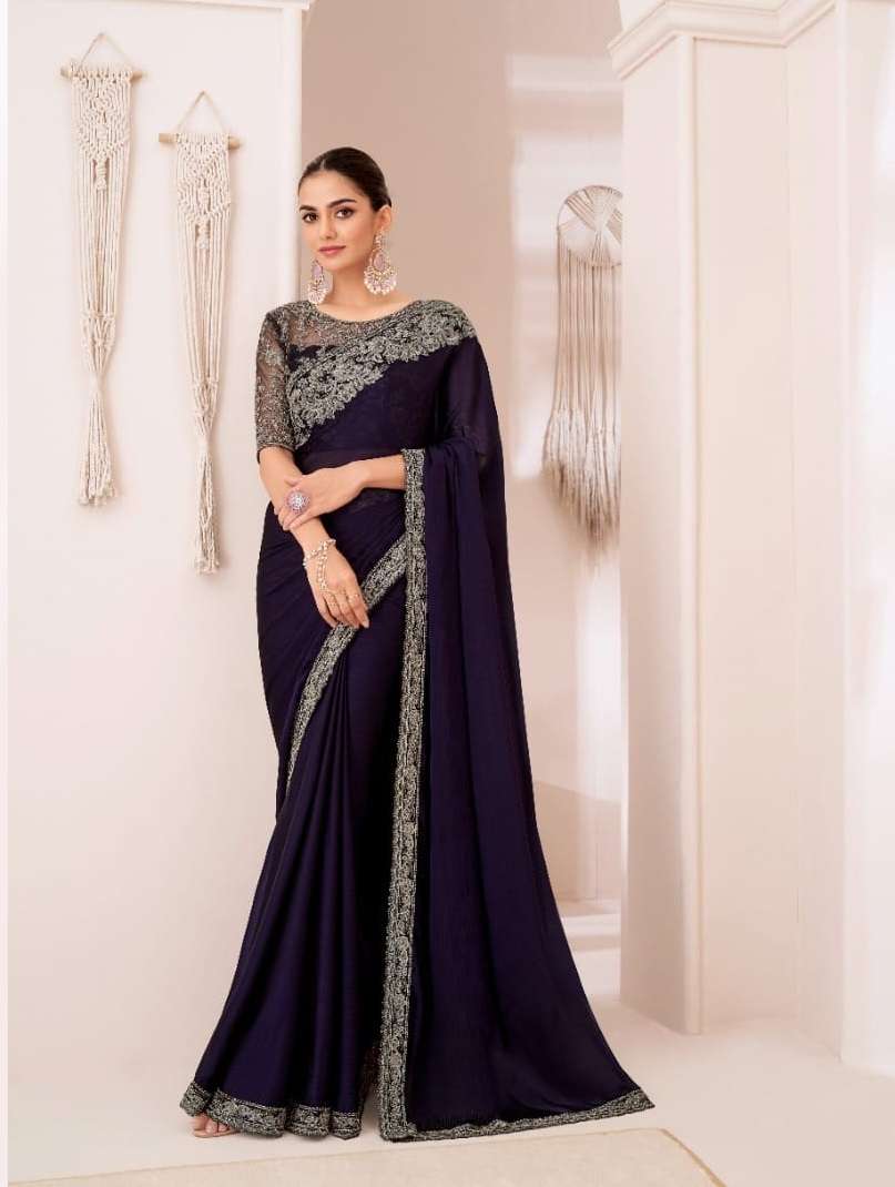 DESIGNER FANCY WEDDING PARTY WEAR INDIAN GEORGETTE DARK PURPLE SAREE COLLECTION SM TFH 1313