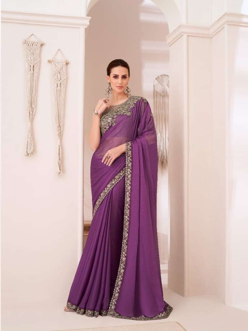 DESIGNER FANCY WEDDING PARTY WEAR INDIAN GEORGETTE PURPLE SAREE COLLECTION SM TFH 1314