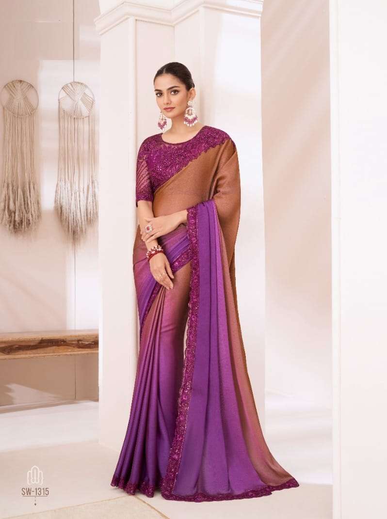 DESIGNER FANCY WEDDING PARTY WEAR INDIAN GEORGETTE YELLOW PURPLE SAREE COLLECTION SM TFH 1315