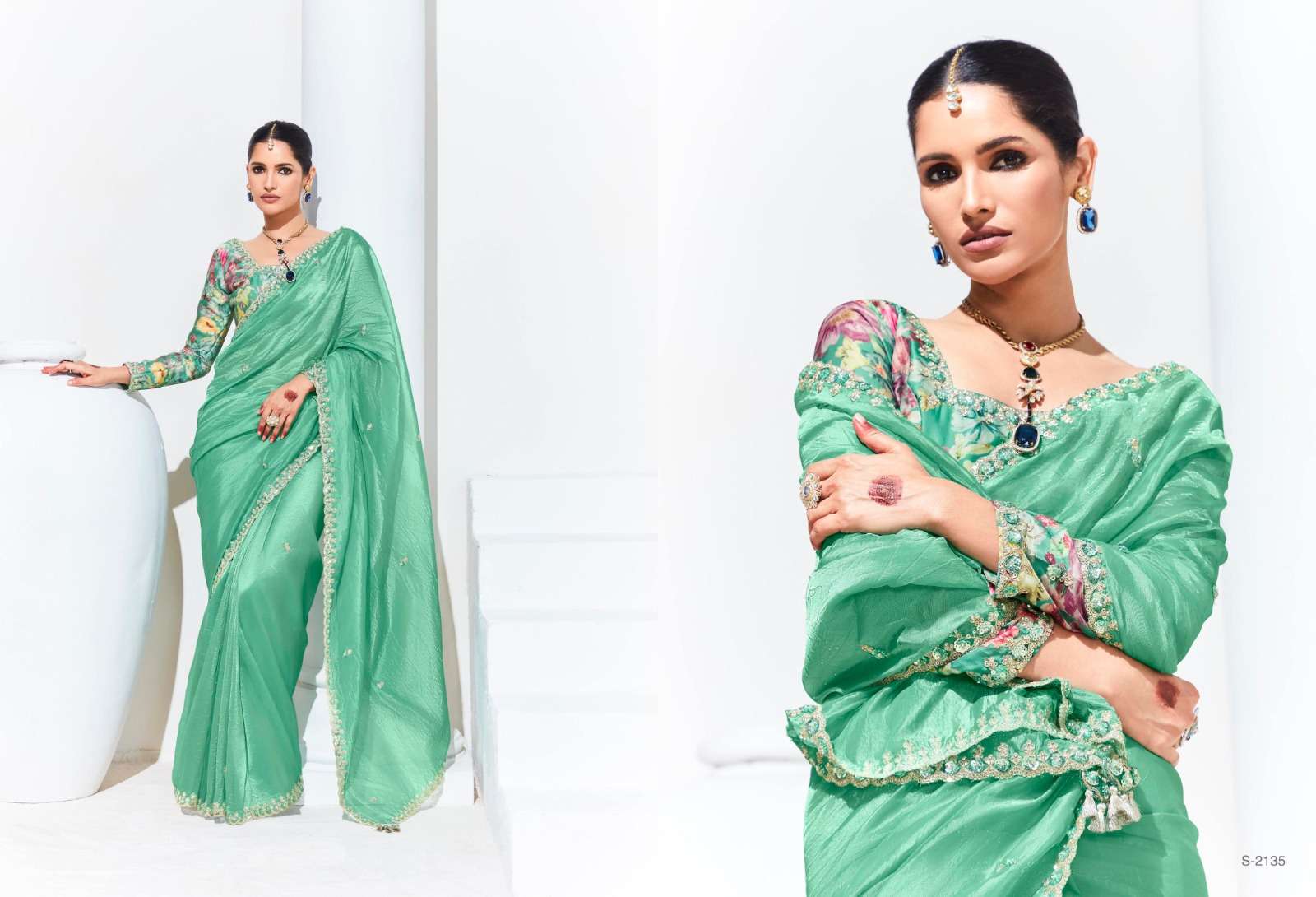 DESIGNER FANCY WEDDING PARTY WEAR INDIAN GREEN ORGANZA SAREE COLLECTION SM KM RANGHAT 2135