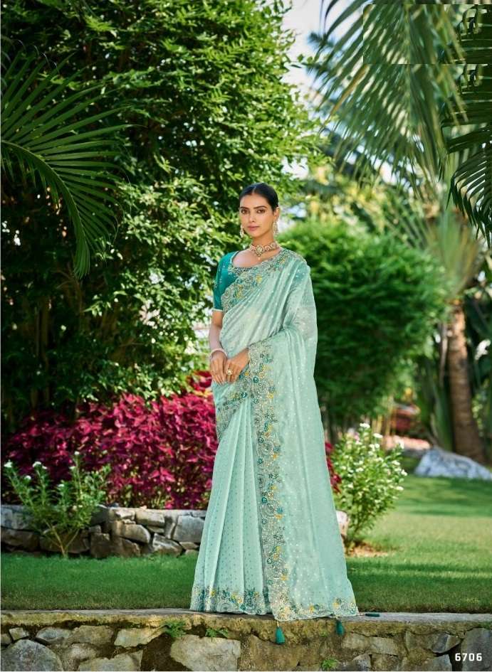 DESIGNER FANCY WEDDING PARTY WEAR INDIAN GREEN ORGANZA SILK SAREE COLLECTION SM TATHASTU 6706