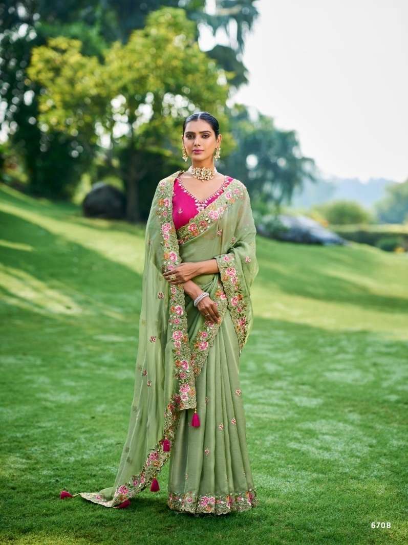 DESIGNER FANCY WEDDING PARTY WEAR INDIAN GREEN ORGANZA SILK SAREE COLLECTION SM TATHASTU 6708