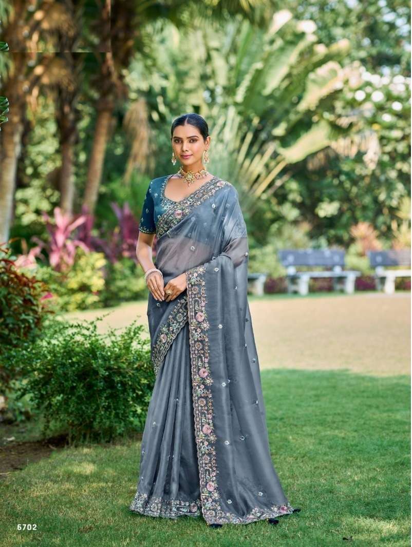 DESIGNER FANCY WEDDING PARTY WEAR INDIAN GREY ORGANZA SILK SAREE COLLECTION SM TATHASTU 6702