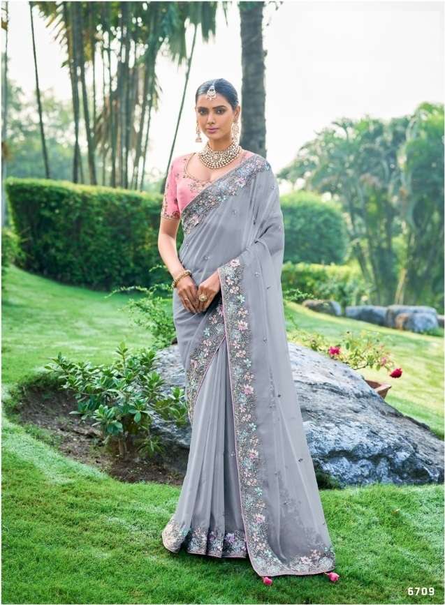 DESIGNER FANCY WEDDING PARTY WEAR INDIAN GREY ORGANZA SILK SAREE COLLECTION SM TATHASTU 6709