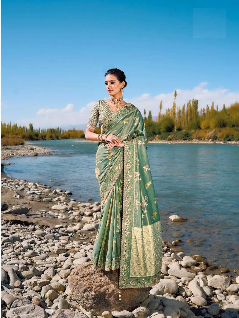 DESIGNER FANCY WEDDING PARTY WEAR INDIAN HEAVY GREEN BANARASI SILK SAREE SM MN 7305