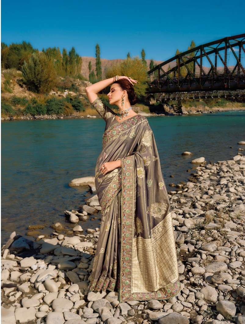 DESIGNER FANCY WEDDING PARTY WEAR INDIAN HEAVY GREY BANARASI SILK SAREE SM MN 7307