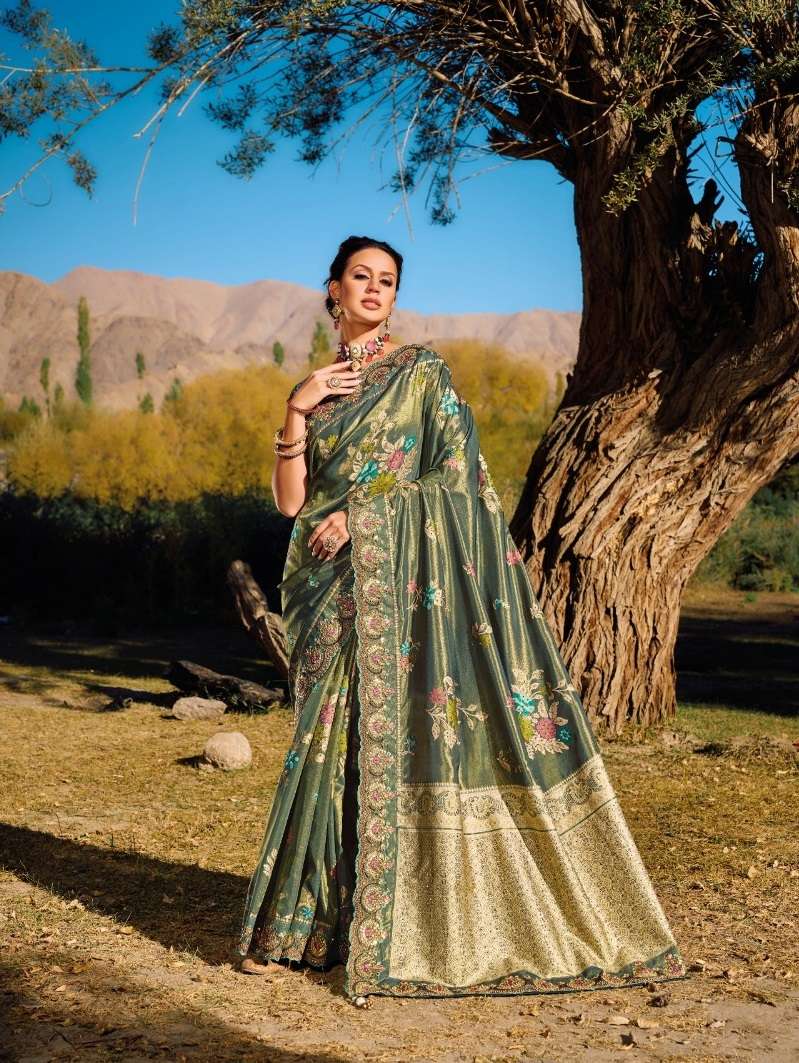 DESIGNER FANCY WEDDING PARTY WEAR INDIAN HEAVY GREEN BANARASI SILK SAREE SM MN 7308