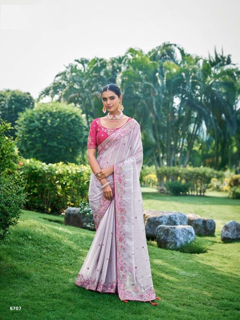 DESIGNER FANCY WEDDING PARTY WEAR INDIAN LAVENDER ORGANZA SILK SAREE COLLECTION SM TATHASTU 6707