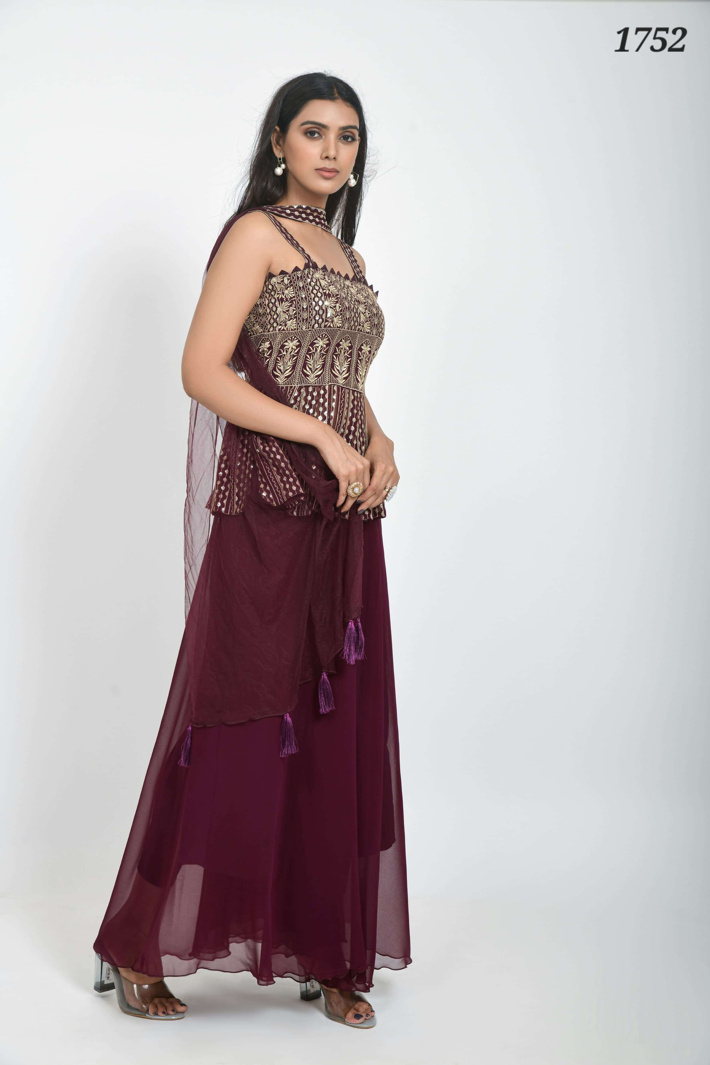 DESIGNER FANCY WEDDING PARTY WEAR INDIAN MAROON GEORGETTE SHARARA PALAZZO SALWAR SUIT DST GULBAHAR 1752