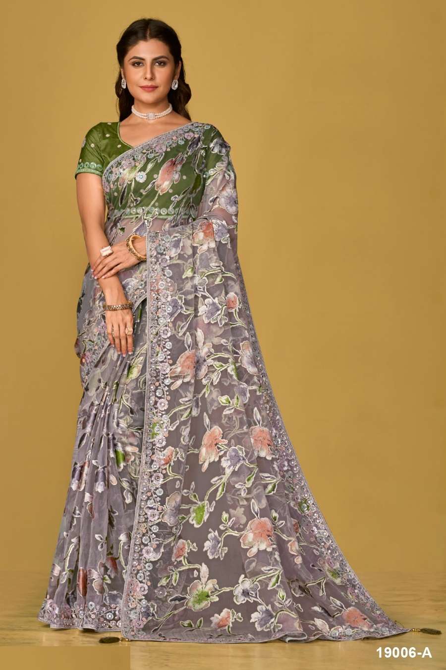 DESIGNER FANCY WEDDING PARTY WEAR INDIAN ORGANZA SILK GREY SAREE COLLECTION SM TATHASTU 19006A