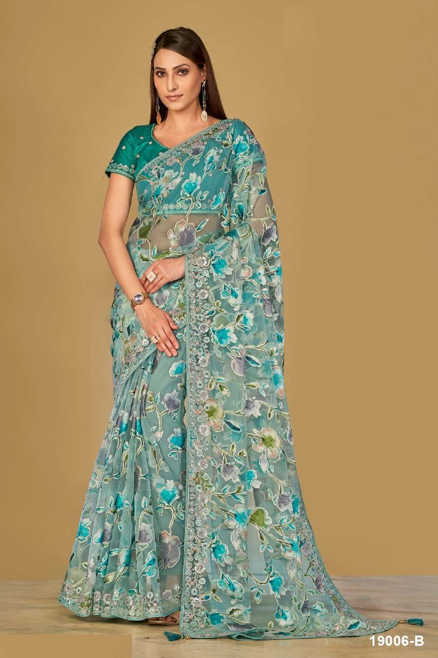 DESIGNER FANCY WEDDING PARTY WEAR INDIAN ORGANZA SILK BLUE SAREE COLLECTION SM TATHASTU 19006B