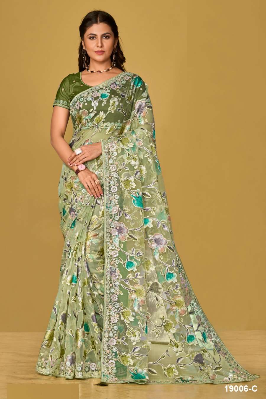 DESIGNER FANCY WEDDING PARTY WEAR INDIAN ORGANZA SILK GREEN SAREE COLLECTION SM TATHASTU 19006C