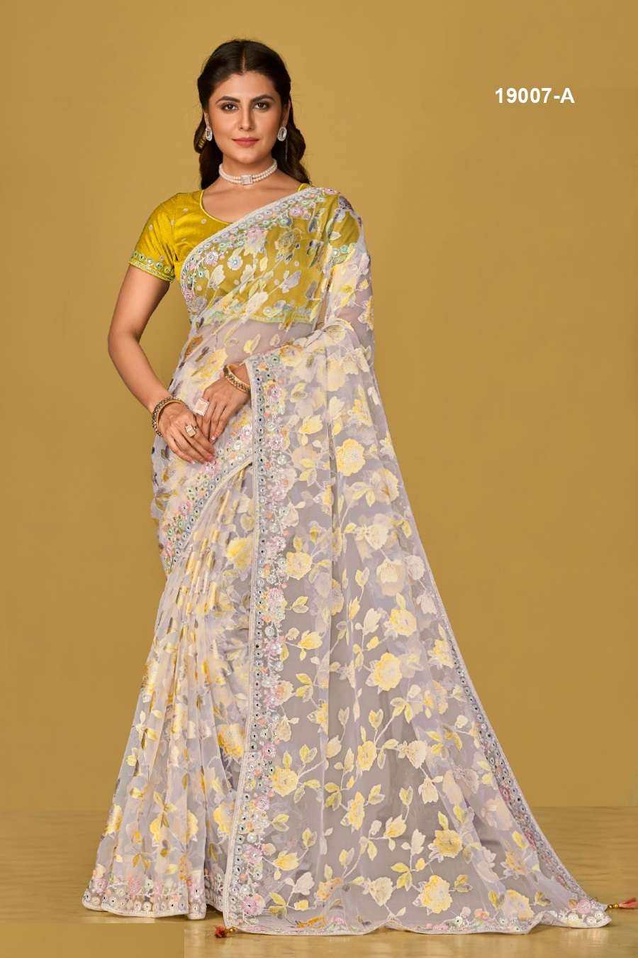 DESIGNER FANCY WEDDING PARTY WEAR INDIAN ORGANZA SILK WHITE SAREE COLLECTION SM TATHASTU 19007A