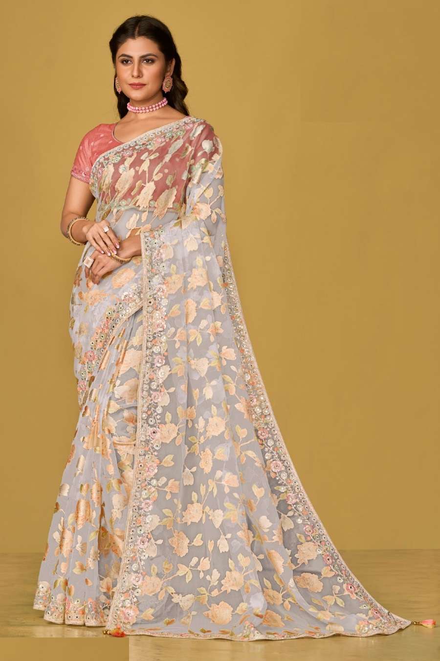 DESIGNER FANCY WEDDING PARTY WEAR INDIAN ORGANZA SILK WHITE SAREE COLLECTION SM TATHASTU 19007B