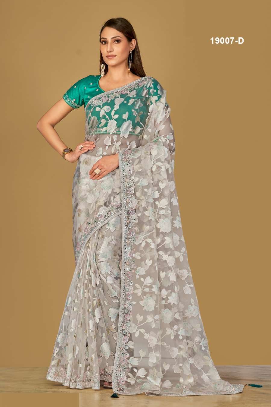 DESIGNER FANCY WEDDING PARTY WEAR INDIAN ORGANZA SILK WHITE SAREE COLLECTION SM TATHASTU 19007D