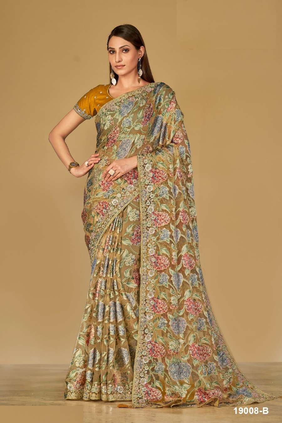 DESIGNER FANCY WEDDING PARTY WEAR INDIAN ORGANZA SILK YELLOW SAREE COLLECTION SM TATHASTU 19008B