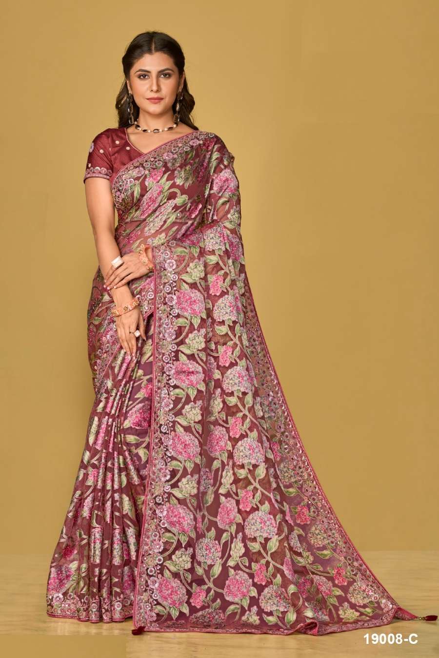 DESIGNER FANCY WEDDING PARTY WEAR INDIAN ORGANZA SILK MAROON SAREE COLLECTION SM TATHASTU 19008C