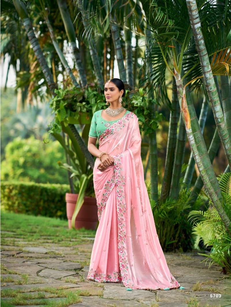 DESIGNER FANCY WEDDING PARTY WEAR INDIAN PINK ORGANZA SILK SAREE COLLECTION SM TATHASTU 6703