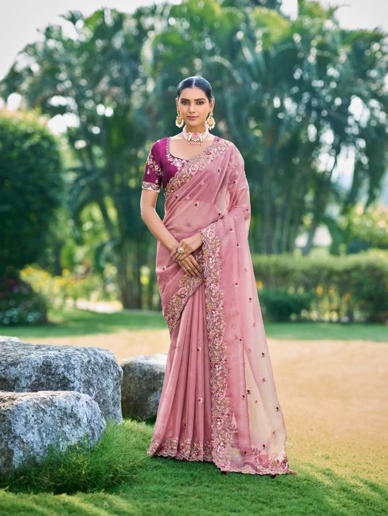 DESIGNER FANCY WEDDING PARTY WEAR INDIAN PINK ORGANZA SILK SAREE COLLECTION SM TATHASTU 6705