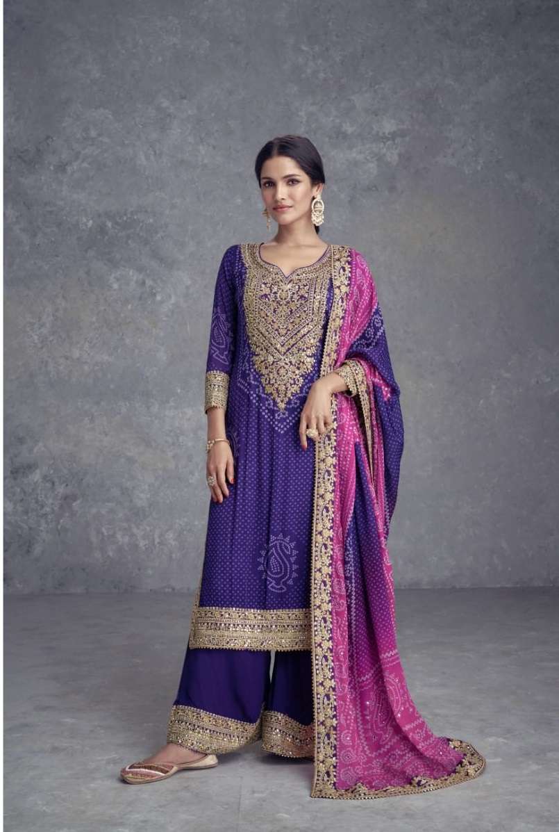 DESIGNER FANCY WEDDING PARTY WEAR INDIAN PURPLE CHINON SHARARA PALAZZO SALWAR SUIT GL TAKSHVI 7470